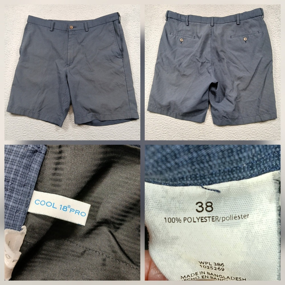 Haggar Cool 18 Pro Shorts Mens 38 Blue Gray Check Performance Flat Front